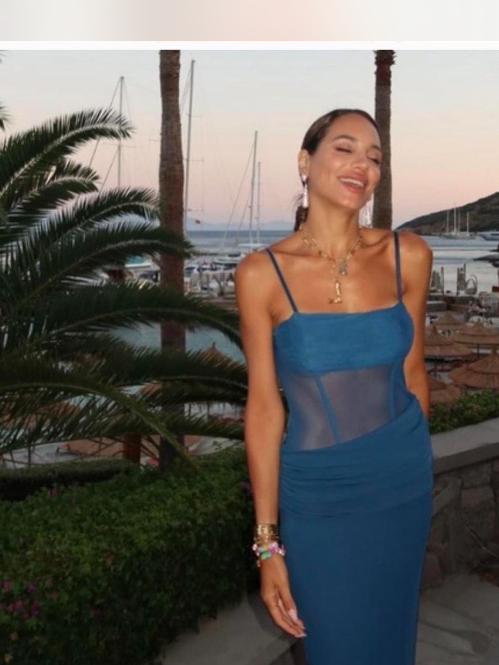 Zara Navy Sheer-Panel Midi Dress with Spaghetti Straps - Picture 4 of 7